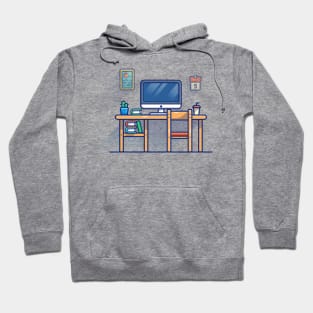 Monitor, Calendar, Picture, Cup, Desk, chair, Cactus, Vas And Books Cartoon Hoodie